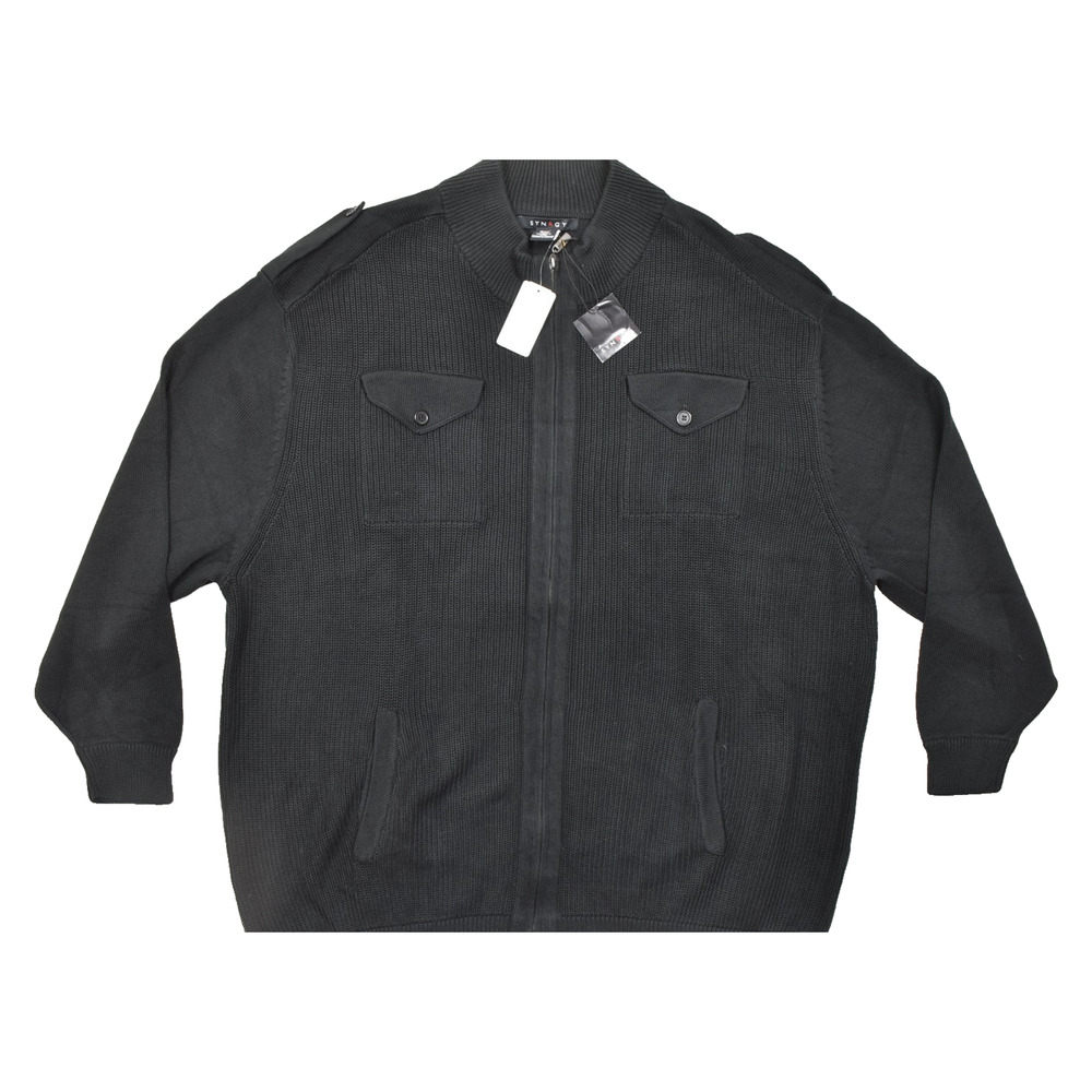SYNRGY Men 4XLT Black Full Zip Mock Neck Sweater 100% Cotton Military Style NEW
